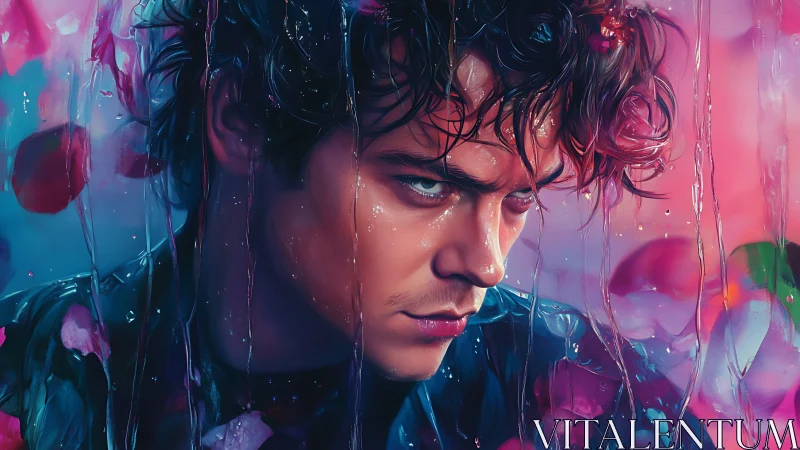 Moody wet-haired man amid neon petals and glass streaks.