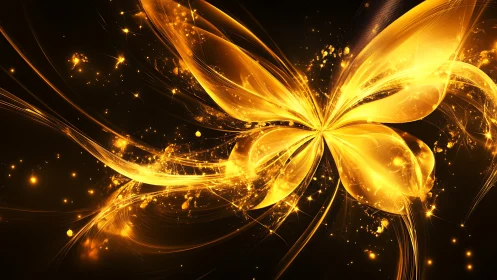 Golden abstract butterfly shape on dark luminous background.