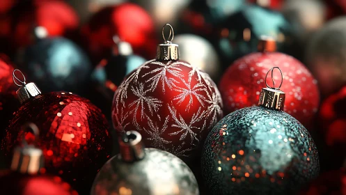 Sparkling red and teal Christmas baubles in festive cluster.