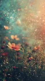 Luminescent Floral Field with Bokeh Particle Diffusion and Warm Color Gradients