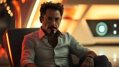 Thoughtful man resting in a softly glowing modern lounge.