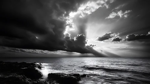 Monochrome seascape records sunlit cumulonimbus over horizon