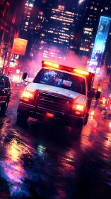 Emergency ambulance drives through wet neon city street