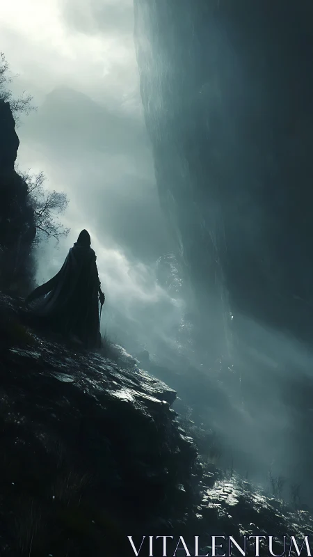 Cloaked lone figure on misty cliffside path at dawn.
