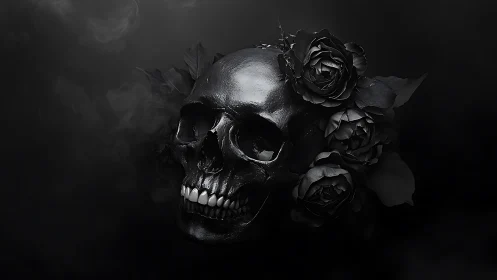 Monochrome human skull with roses against dark background.