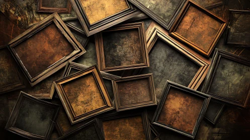 Empty rustic frames overlap on distressed metal background.