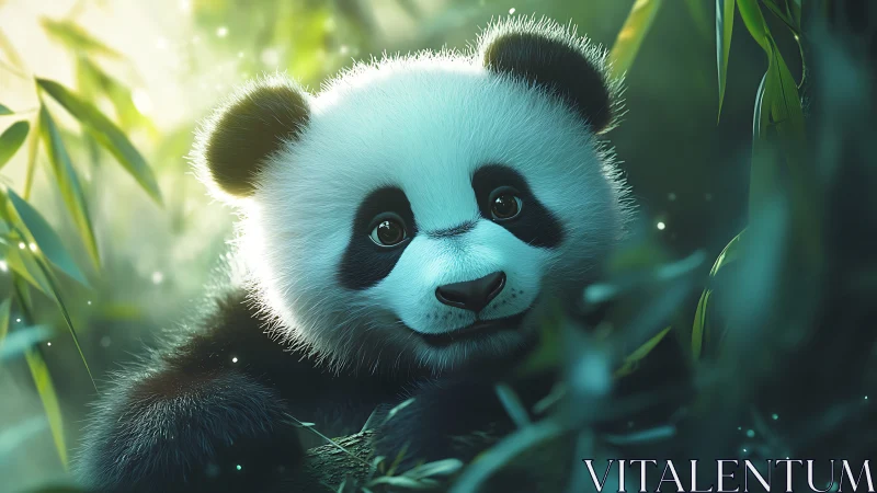 Baby panda rests in glowing bamboo forest light.