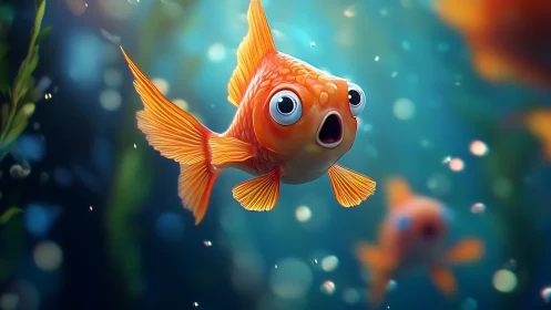3D stylized goldfish portrait with expressive facial pose.
