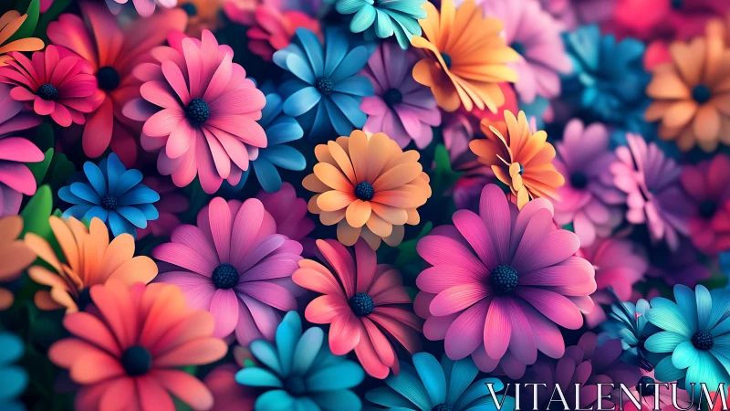 Vibrant multicolored daisies in dense digital floral cluster.