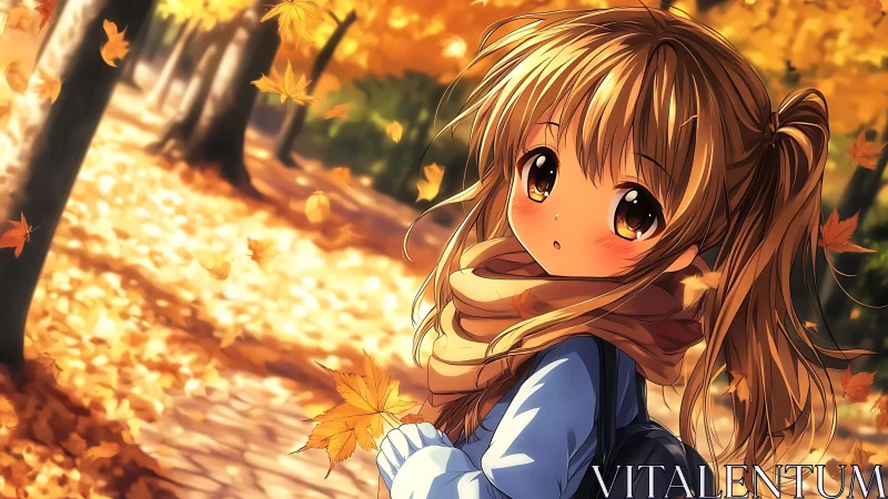 Soft-eyed anime girl walks through glowing autumn leaves