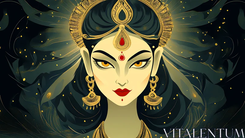 Divine goddess portrait with golden crown and fierce gaze.