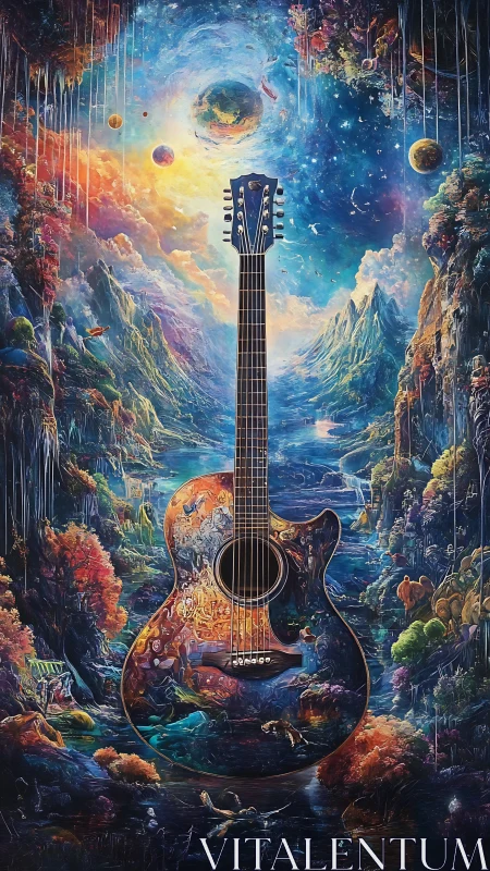 Surreal cosmic landscape merged with detailed acoustic guitar form