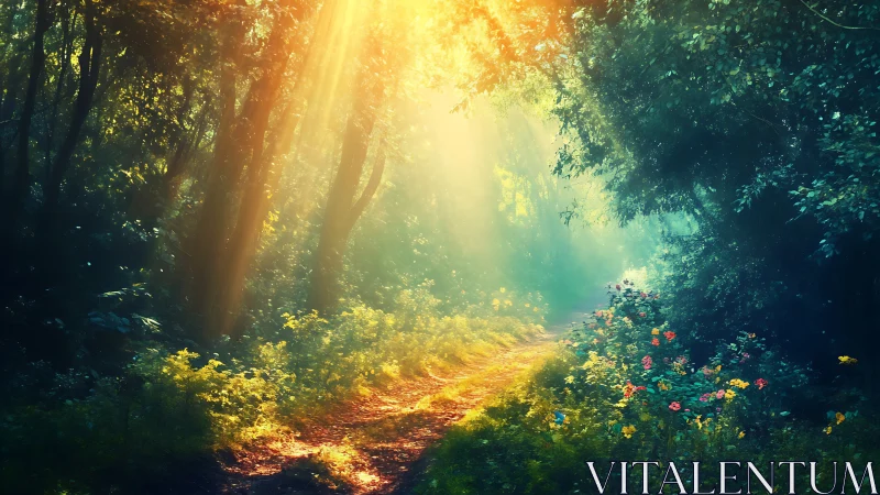 Magical Sunlit Forest Path with Wildflowers, Dreamlike Nature Scene.