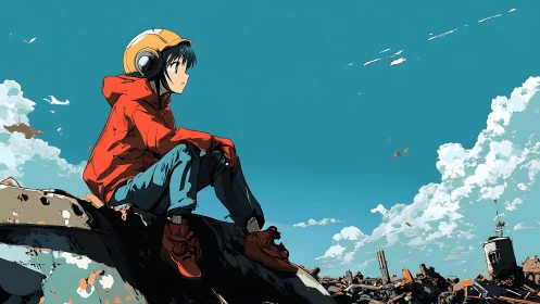 Rust-side dreamer watches bright skies over broken machines