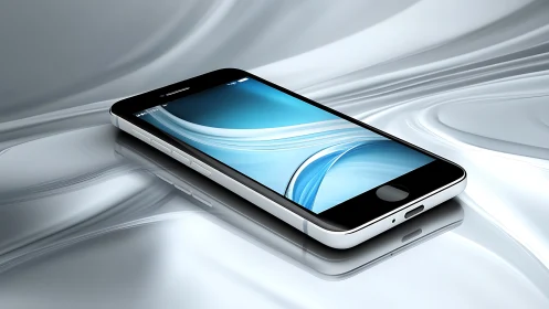 Modern smartphone on reflective silver fluid surface.