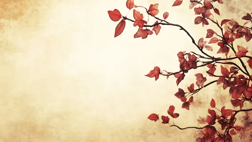 Red leafy branches on textured beige background. Period.