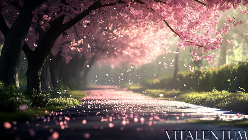 Cherry blossom confetti drifts down a sunlit dream lane