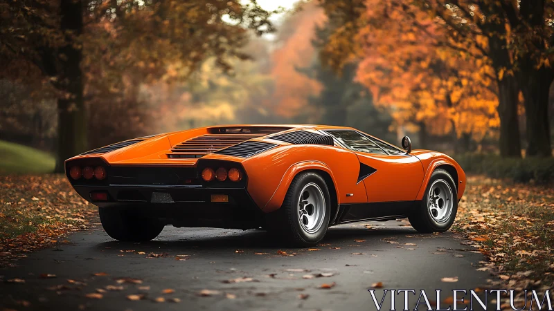 Vintage orange supercar contrasts with soft autumn woodland bokeh