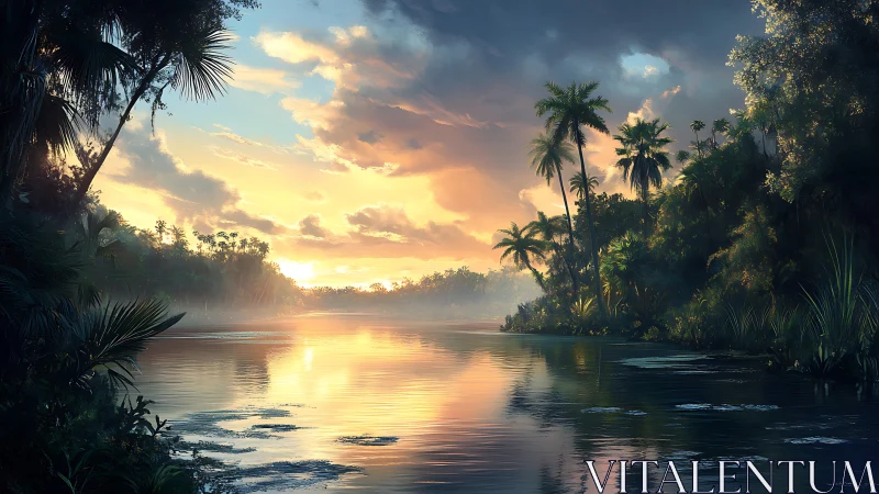 Digital painting of tropical river sunset with lush foliage.