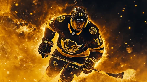 Hockey player in black and gold uniform amid fiery glow.