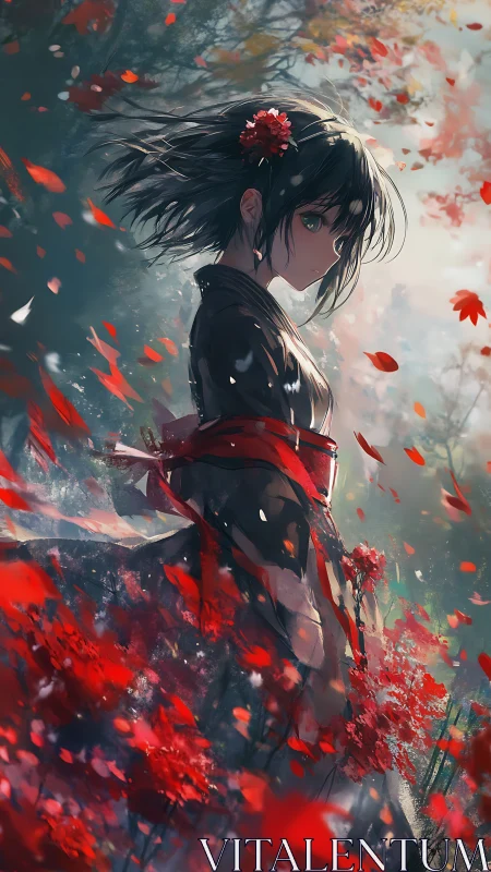 Autumn winds swirl around a quiet girl in a red kimono