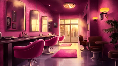 Vibrant magenta salon interior under warm cinematic lighting.