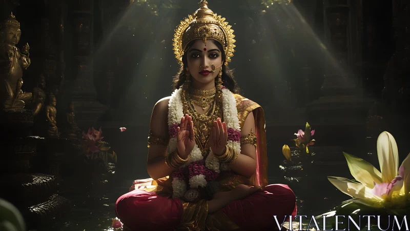 Divine goddess meditates amid lotus pond in dim temple light
