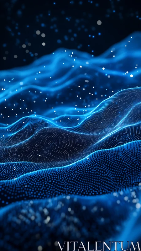 Glowing data waves forming luminous blue particle terrain.