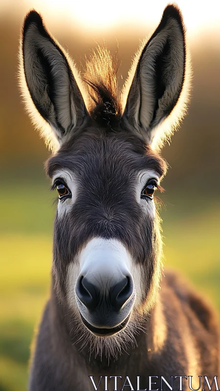 Donkey portrait under warm sunset backlight on pasture.