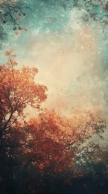 Autumn canopy rendered in muted duotone with textured sky field