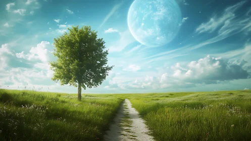 Solitary tree under luminous blue moon above meadow path.