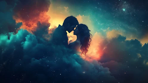 Cosmic Embrace: Silhouetted Kiss Against Nebular Sky.