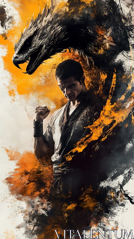 Martial artist with dragon silhouette in abstract ink field.