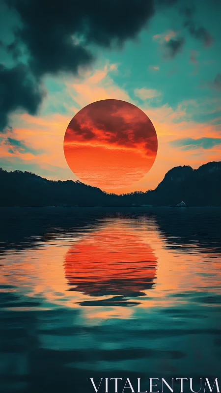 Red sun over calm water with mirrored circular reflection.