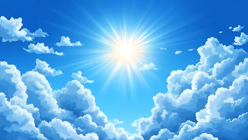 Digital painting of radiant sunburst above cumulus cloudscape.