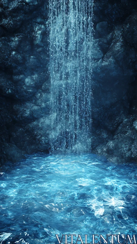 Hidden cavern waterfall whispers into a luminous blue pool