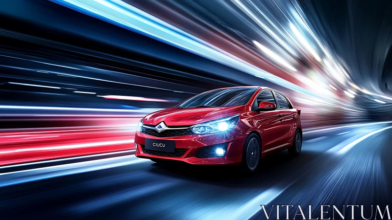 Red sports sedan cuts through neon tunnel with dynamic motion