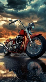 Custom red chopper stands bold beneath a stormy sunset sky