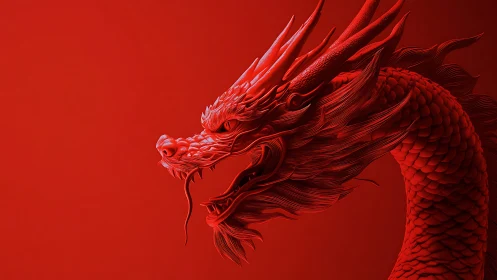 Majestic red dragon in profile against a glowing scarlet sky.