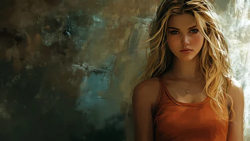 Golden haired girl against moody painted backdrop.