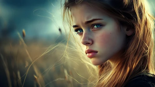 Wind-kissed girl with blue eyes in a quiet golden field.