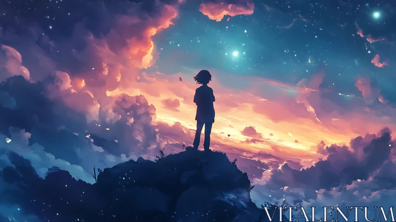 Stargazing silhouette stands over a glowing cosmic sunset.