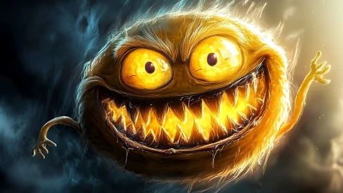 Digital painting of glowing grinning monster in chiaroscuro light.