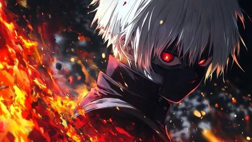 Masked white‑haired figure with red eyes amid rising flames.