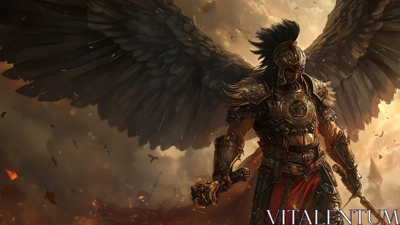 Winged armored warrior in battle smoke with extended span.