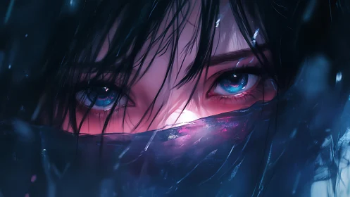 Woman’s intense blue eyes stare over glowing scarf fabric