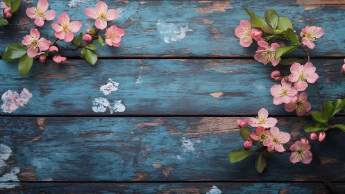 Pink Blossoms on Weathered Blue Wood Surface