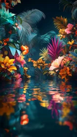 Lush tropical lagoon glowing with dreamy colorful blooms.