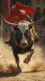 Charging bull storms through dust under blazing festival banner