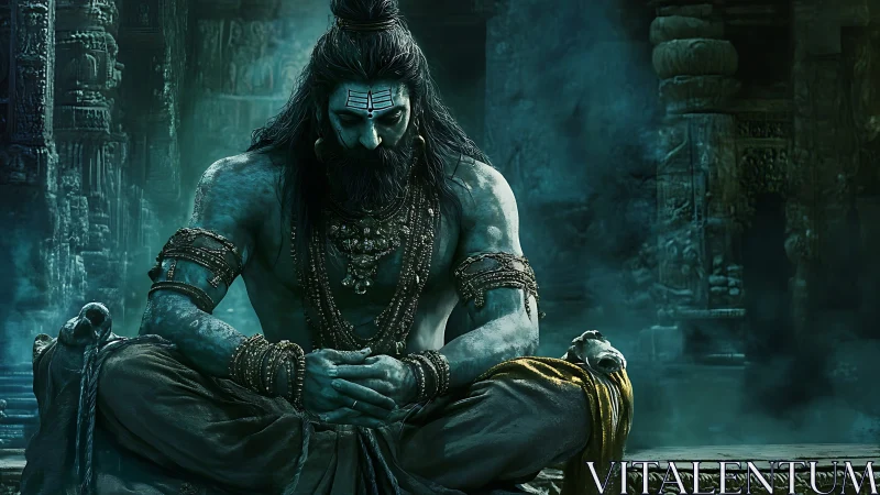 Mythic blue ascetic meditates in mist-filled stone temple